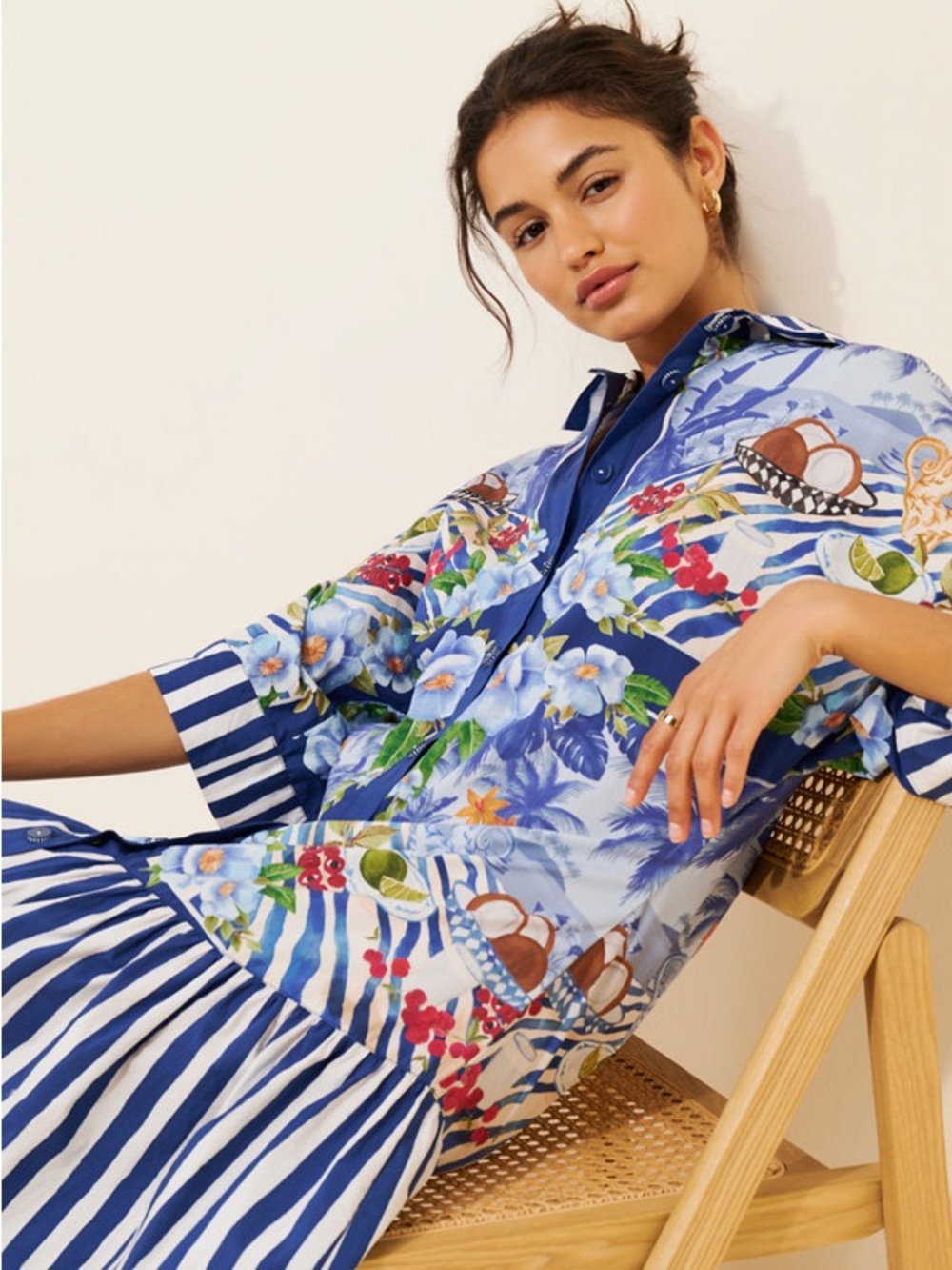 FARM Rio 100% COTTON Blue Floral & Stripe Maxi Shirt Dress - Picture 4 of 4